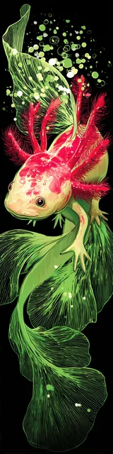 Free printable axolotl bookmark featuring a swirly green axolotl with red accents